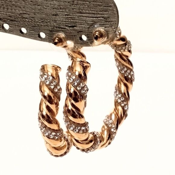 Gold Tone and Rhinestone Twisted Rope Hoop Earrings - Picture 3 of 6